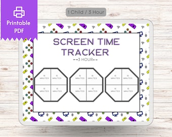 May include: Printable screen time tracker for one child, with a 3-hour limit. The tracker is divided into 16-minute intervals, with a colorful design featuring video game controllers and other tech-related icons.