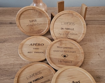 Set of 6 personalized Bamboo coasters + rack