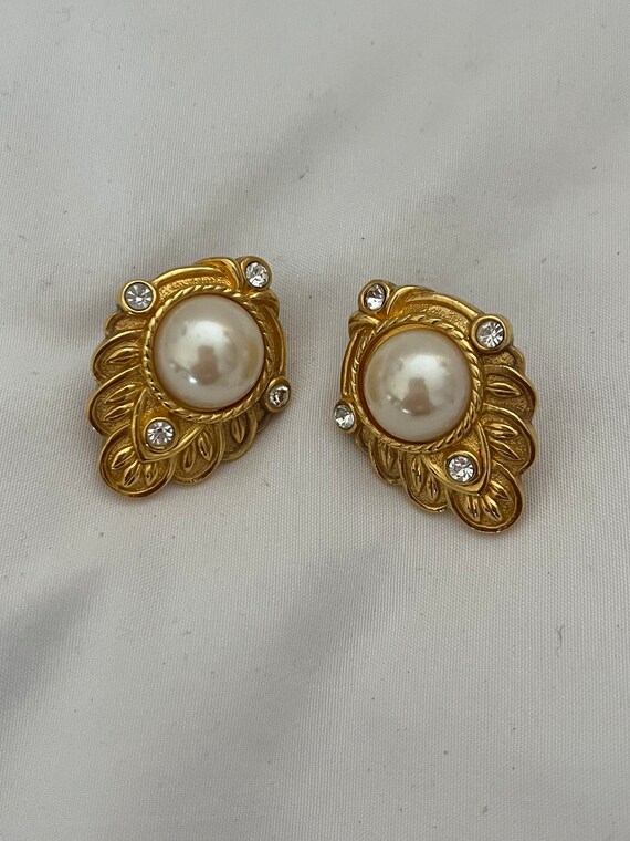 KJL Pearl Rhinestone Earrings, KJL for Avon Pierc… - image 2