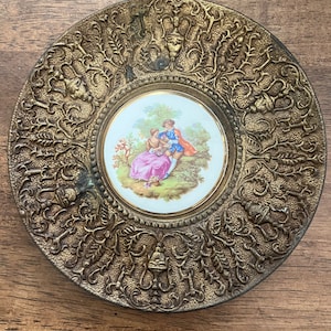 Stunning Ornate SOLID Brass Wall Charger / Plaque with Fragonard Porcelain Insert C early 1900’s Renaissance