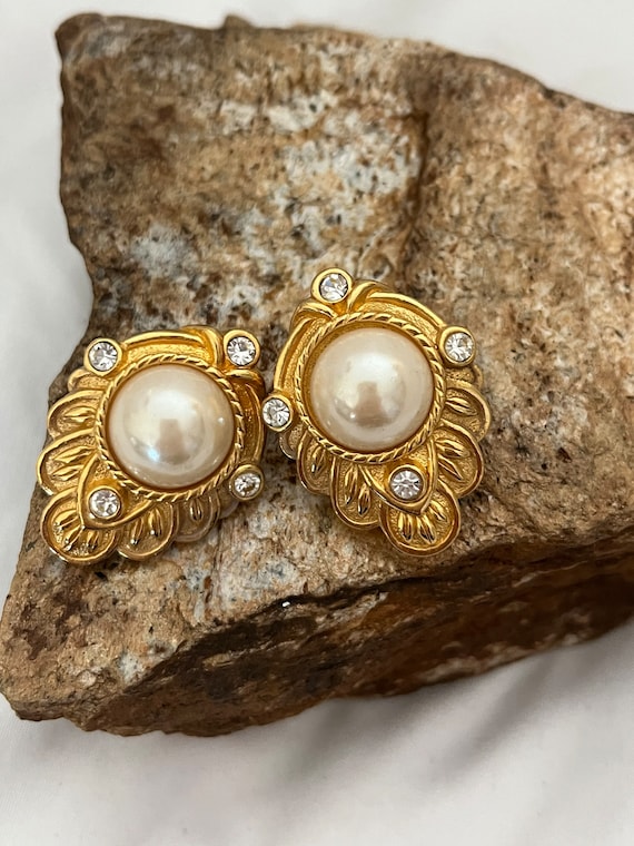 KJL Pearl Rhinestone Earrings, KJL for Avon Pierc… - image 1