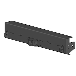 Könnte beinhalten: Schwarze Metall-Stoßfängerhalterung mit quadratischem Anhängerkupplungsempfänger. Die Halterung verfügt über mehrere Montagebohrungen und ist für Geländewagen konzipiert.