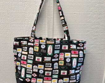 Cotton Canvas Travel Tote Bag, Wanderlust Print, Handmade