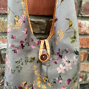 Crossbody bag, Hobo Bag, Gray, Flowers, yellow and orange print, Lots of Fun Colors in this Bag Orange, Yellow, Purple, Pink