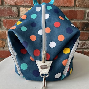Mini Denver Backpack Blue with Colorful Polka Dots