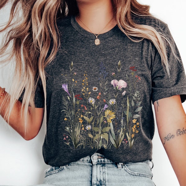 T-shirt fleurs sauvages, t-shirt botanique vintage, t-shirt nature floral pastel, t-shirt amateur de jardin, t-shirt amateur de fleurs, chemise fleurs sauvages cottagecore