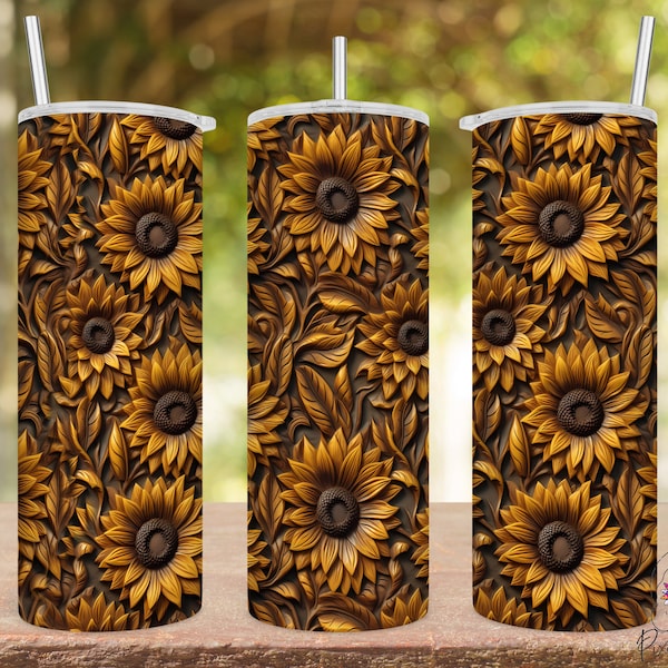 3D Sunflowers Tumbler Wrap, Carved Sunflower Tumbler Png, Seamless Tumbler Wrap Png, Wood Carved Flowers, Sublimation 20oz Skinny Tumbler