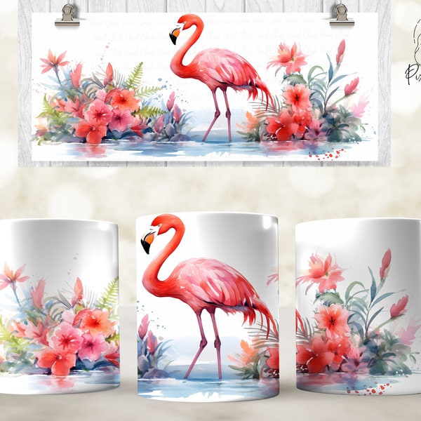 Aquarelle Flamingo Mug Wrap Png, 11oz et 15 Oz Mug Sublimation Design, Flamingo Floral Mug Sublimation, 11oz Mug Png, 15oz Mug PNG