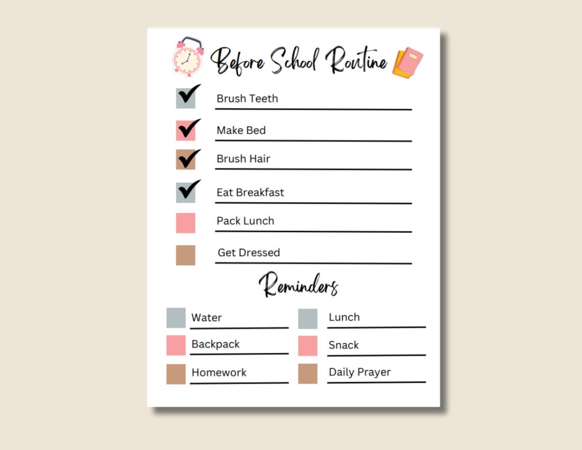 Before School Checklist, Kids Morning Reminders, Editable Morning ...