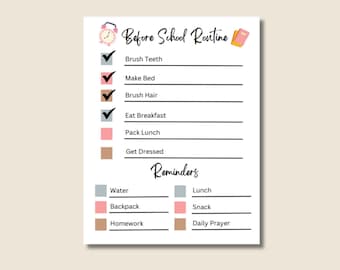 Before School Checklist, Kids Morning Reminders, Editable Morning Routine Chart, kids Reminder checklist, Digital Download