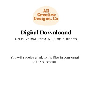 Puede incluir: Gr&aacute;fico de descarga digital con el texto "All Creative Designs. Co" en un c&iacute;rculo de color melocot&oacute;n y el texto "Descarga digital" en negro. El texto "NO SE ENV&Iacute;AN ART&Iacute;CULOS F&Iacute;SICOS" est&aacute; en negro debajo del c&iacute;rculo. El texto "Recibir&aacute;s un enlace a los archivos en tu correo electr&oacute;nico despu&eacute;s de la compra." est&aacute; en negro debajo del texto.