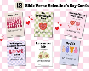 12 Bible Printable retro Valentine's Day Cards, Printable Christian Valentines Cards, Bible Verse, Scripture Valentines Cards