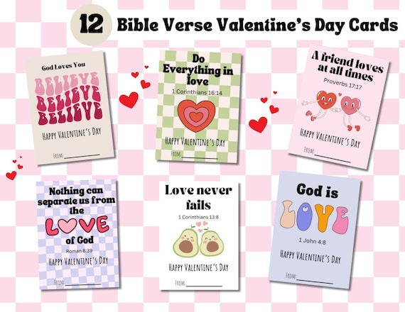 12 Bible Printable retro Valentine's Day Gift tags, Printable Christian Valentines tags, Bible Verse, Scripture Valentines Cards