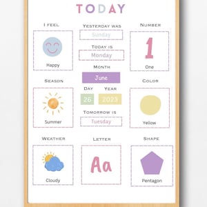 Pizarra matutina, calendario de educación en casa, gráfico del tiempo, calendario diario para niños, círculo de preescolar, calendario de aprendizaje para niños pequeños, descarga digital