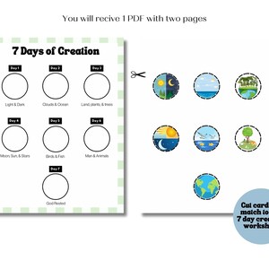 Puede incluir: Una hoja de trabajo imprimible para que los ni&ntilde;os aprendan sobre los 7 d&iacute;as de la creaci&oacute;n. La hoja de trabajo tiene c&iacute;rculos con los d&iacute;as de la creaci&oacute;n enumerados y una hoja separada con im&aacute;genes para recortar y hacer coincidir con los d&iacute;as.