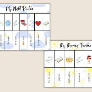 May include: Two printable charts for children's routines. The first chart is blue with stars and moons and lists "Pick up toys", "Bath/Shower", "Put on pjs", "Brush teeth", "Read book", "Use the potty", "Big hug & kiss", and "Get in bed". The second chart is yellow with suns and lists "Use the potty", "Make bed", "Eat breakfast", "Brush teeth", "Get dressed", and "Big hug & kiss".