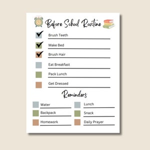 Before School Checklist, Kids Morning Reminders, Editable Morning Routine Chart, kids Reminder checklist, Digital Download