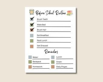 Before School Checklist, Kids Morning Reminders, Editable Morning Routine Chart, kids Reminder checklist, Digital Download