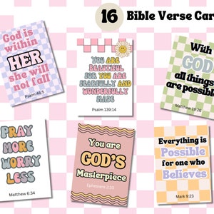 May include: Set of 6 colorful cards with Bible verses and checkered backgrounds. The verses include "God is within her, she will not fall", "You are beautiful for you are fearfully and wonderfully made", "With God all things are possible", "Pray more, worry less", "You are God's masterpiece", and "Everything is possible for one who believes".