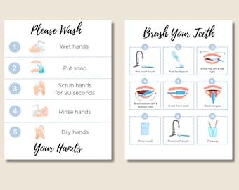 Afiche educativo para cepillarse los dientes y lavarse las manos, Tabla de cepillado de dientes paso a paso para niños, tabla de lavado de manos, Rutina para niños pequeños