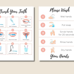 Educatieve poster voor tandenpoetsen en handen wassen, stap voor stap tandenpoetsschema voor kinderen, handwasschema, routine voor peuters