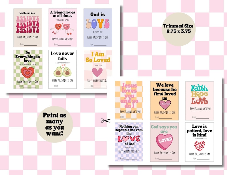 May include: A set of printable Valentine's Day cards with various Christian-themed messages and illustrations. The cards feature a checkered background and include verses from the Bible, such as "God is Love" and "Love never fails".