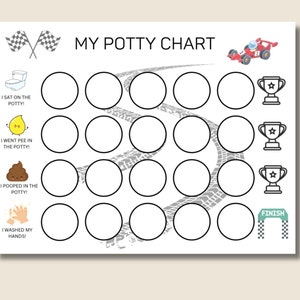 May include: A black and white potty training chart with a race car theme. The chart has 18 circles to color in as a child progresses through potty training. The chart also includes a finish line and trophies.