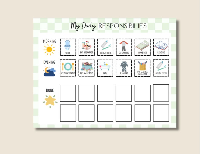 Kids Daily Responsibilities Chart, Printable Daily Routine, Chore Chart ...
