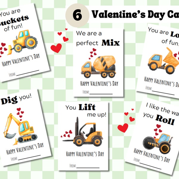 Construction Valentine Card for Kids, Construction Trucks Printable Valentines Day, Construction Vehicle Printable Vday Cards for Classroom