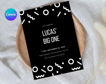 Big One Birthday Invite, Notorious one, Black and White Birthday Invitation, Editable Template