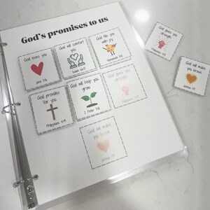 K&ouml;nnte beinhalten: Ein wei&szlig;er Ordner mit einer durchsichtigen Plastikh&uuml;lle enth&auml;lt bunte Karten mit Bibelversen und Illustrationen. Die Karten sind mit "Gottes Verhei&szlig;ungen an uns" betitelt und jede Karte zeigt ein anderes Versprechen aus der Bibel, wie "Gott liebt dich", "Gott wird dich tr&ouml;sten", "Gott erf&uuml;llt dich mit Freude", "Gott sorgt f&uuml;r dich", "Gott wird dir helfen zu wachsen", "Gott gibt dir Kraft", "Gott wird dich mutig machen".