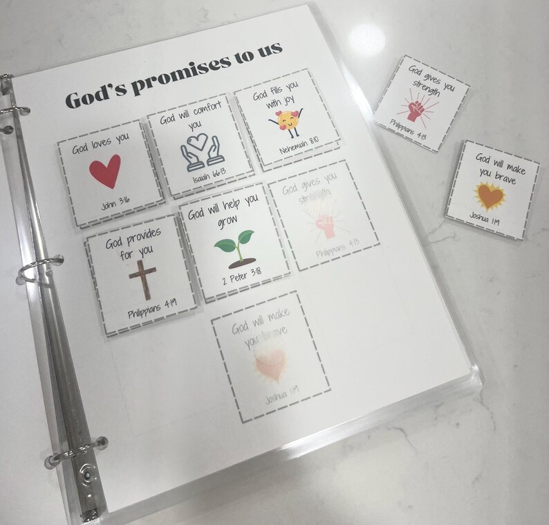 K&ouml;nnte beinhalten: Ein wei&szlig;er Ordner mit einer durchsichtigen Plastikh&uuml;lle enth&auml;lt bunte Karten mit Bibelversen und Illustrationen. Die Karten sind mit "Gottes Verhei&szlig;ungen an uns" betitelt und jede Karte zeigt ein anderes Versprechen aus der Bibel, wie "Gott liebt dich", "Gott wird dich tr&ouml;sten", "Gott erf&uuml;llt dich mit Freude", "Gott sorgt f&uuml;r dich", "Gott wird dir helfen zu wachsen", "Gott gibt dir Kraft", "Gott wird dich mutig machen".