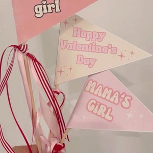 May include: Three pink and white triangle flags on wooden sticks with pink and red ribbon. The flags say "Sweetest girl", "Happy Valentine's Day", and "Mama's Girl".
