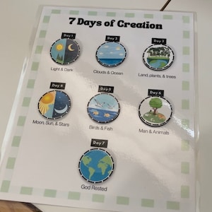 Puede incluir: Un gr&aacute;fico colorido que ilustra los siete d&iacute;as de la creaci&oacute;n. Cada d&iacute;a est&aacute; representado por un c&iacute;rculo con una imagen diferente y un texto que describe el evento. Los d&iacute;as est&aacute;n numerados del 1 al 7, y el texto incluye frases como "Luz y oscuridad", "Nubes y oc&eacute;ano", "Tierra, plantas y &aacute;rboles", "Luna, sol y estrellas", "P&aacute;jaros y peces", "Hombre y animales", y "Dios descans&oacute;".