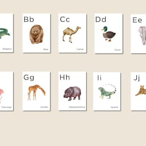 26 Printable Animal Alphabet Flash Cards, Classroom Decor, Toddlers Preschool Early Learning, Alphabet Flashcards, DIGITAL DOWNLOAD