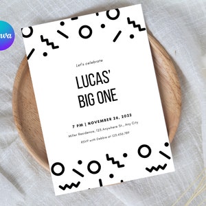 Big One Birthday Invite, Notorious one, Black and White Birthday Invitation, Editable Template