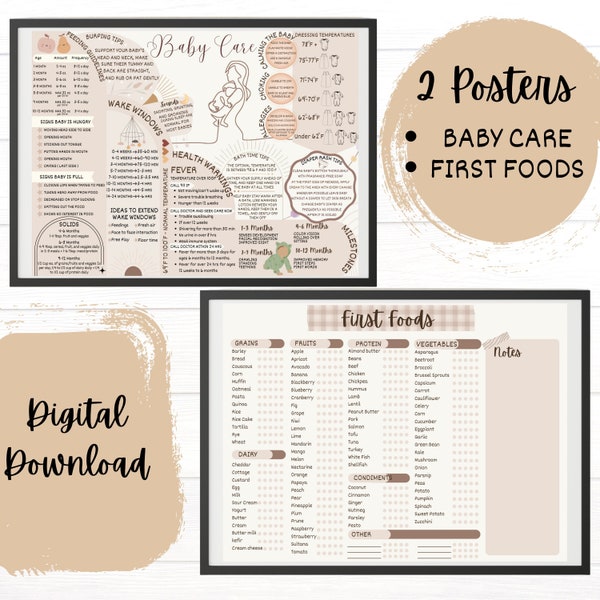 Boho Minimalist Baby Care et premiers aliments Affiches | Décor de pépinière neutre en matière de genre | Affiche de soins pour bébés nouveau-nés | Suivi des aliments pour bébés imprimables |