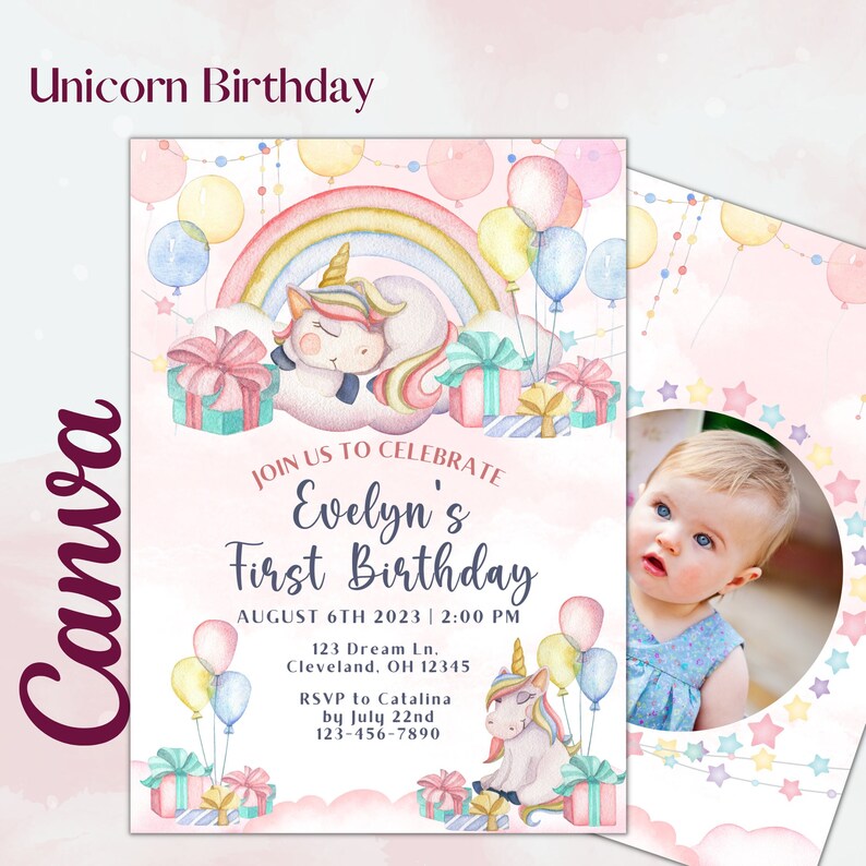 Unicorn Birthday Invitation Customize With Your Own Picture First