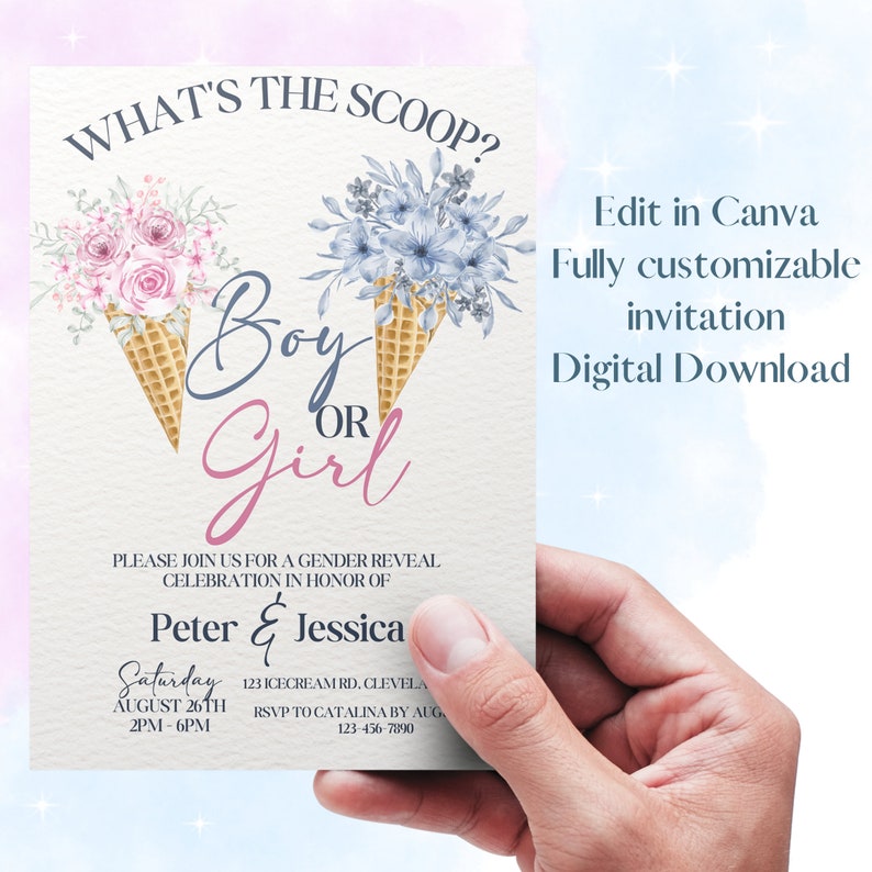 What's the Scoop Gender Reveal Invitation Editable Printable He or She