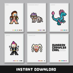 Puede incluir: Seis impresiones de personajes de pixel art sobre fondos blancos. Los personajes incluyen Carl, Princess Donut, Mongo, Katia, Samantha y una impresión de Dungeon Crawler Carl. Las palabras "Instant Download" están en la parte inferior.