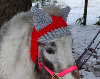 Mini Horse Ear Warmer RED/GREY- Winter, Horse hat, Crochet Hat, Crochet Ear Muffs, Ear Muffs, Horse Costume, Horses, Horse