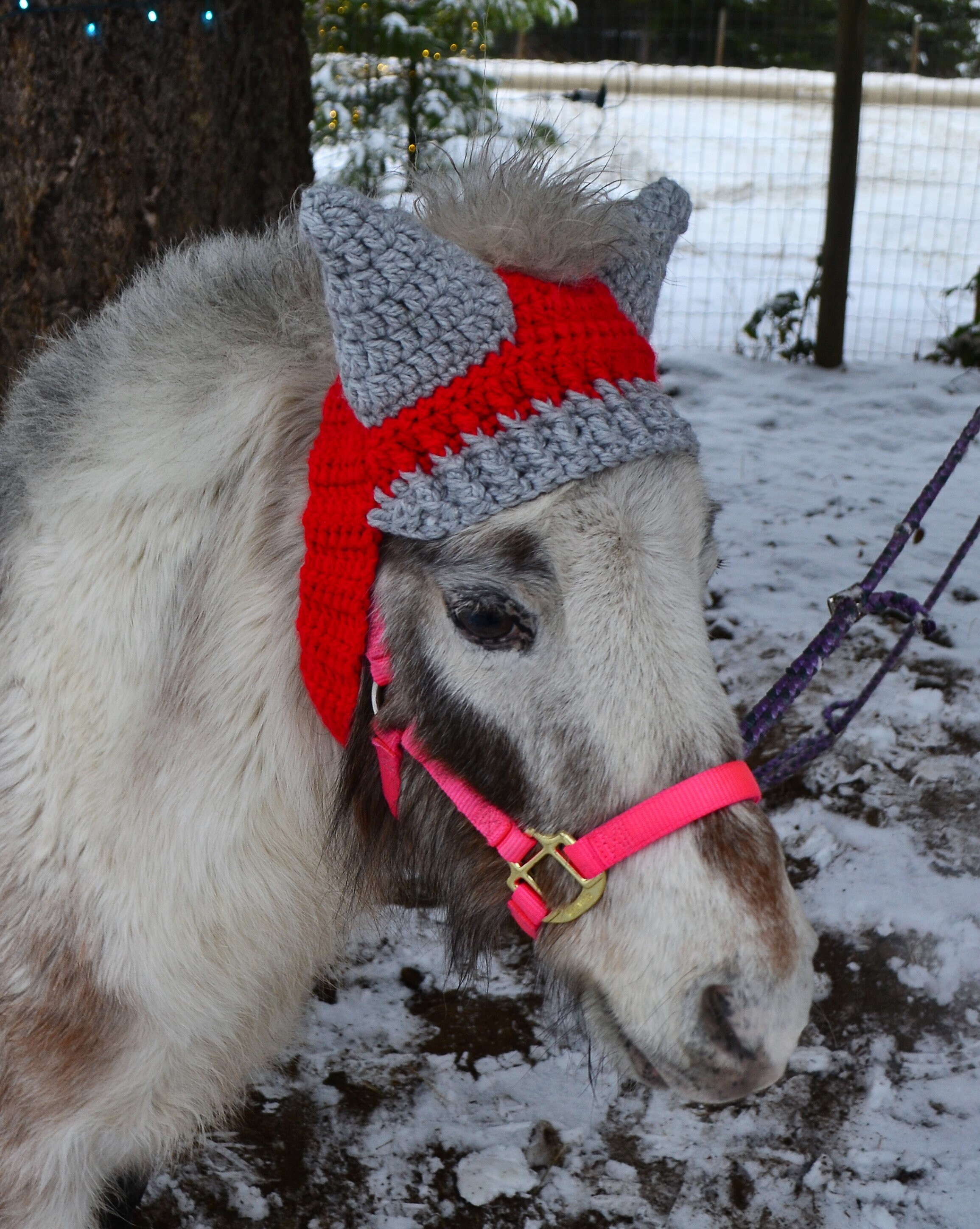 Mini Horse Ear Warmer RED/GREY- Winter, Horse Hat, Crochet Hat