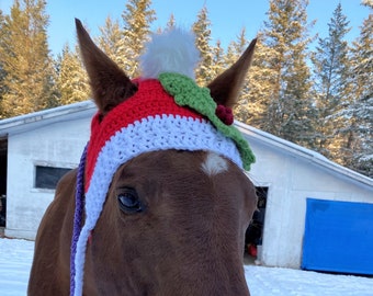 Horse Hat in Full Size, Holly Applique - Crochet, Handmade, Horse, Christmas Hat