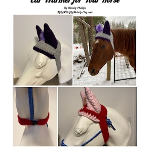 May include: Two crocheted ear warmers for horses. One is purple and grey with a purple pom pom. The other is pink and red with a pink pom pom. Both are shown on horse head mannequins.
