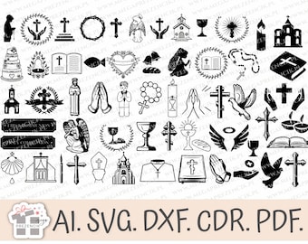 Peut inclure: Une collection d'icônes et de symboles religieux noirs et blancs, comprenant une croix, une colombe, un ange, un calice, une église et des chapelets. Les icônes sont parfaites pour les projets d'artisanat, de scrapbooking ou de design numérique.