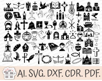 Peut inclure: Une image en noir et blanc avec une collection de symboles religieux chrétiens, y compris une croix, une colombe, une église, un calice, une bible, un poisson, une couronne, un chapelet et une bougie. Les symboles sont disposés en grille.