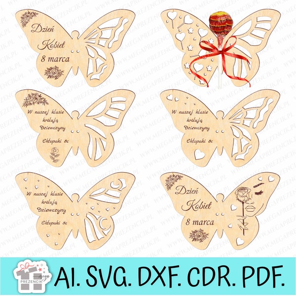 Podziękowania Motylek z okazji Dnia Kobiet z miejscem na lizaka svg. Elegancki upominek dla Pań. Prezent na Dzień Kobiet. Files svg. laser