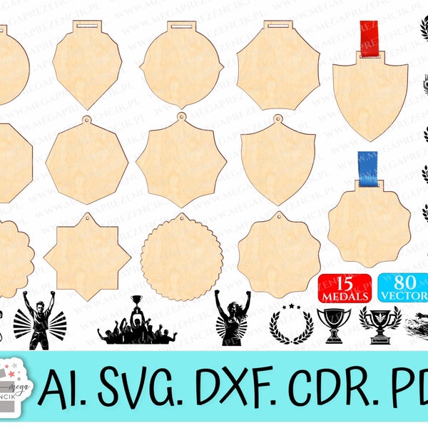 Diseños de medallas cortadas con láser, diferentes formas de medallas. Trofeo svg, Archivos vectoriales de atletas svg, Plantillas de medallas svg paquete deportivo, glowforge svg