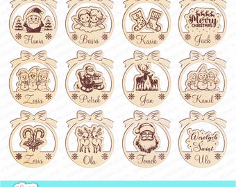 May include: Twelve wooden Christmas ornaments with various designs, including Santa Claus, reindeer, snowmen, angels, and candy canes. Each ornament has a name written below it, such as "Hania", "Basia", "Kasia", "Jack", "Zosia", "Piotrek", "Jan", "Kamil", "Ola", "Tomek", and "Ula".