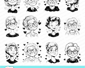 Cartoon Grandma svg graphics. Grandma Character Graphic for laser svg. Grandma's day svg laser. Grandma vector graphics set svg laser cut